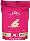 Pink package of Fromm Family Puppy Gold dog food with a gold label
