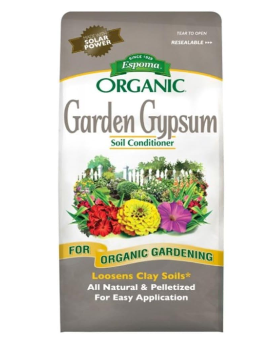 Bag of Espoma Organic Garden Gypsum soil conditioner with gardening scene on label