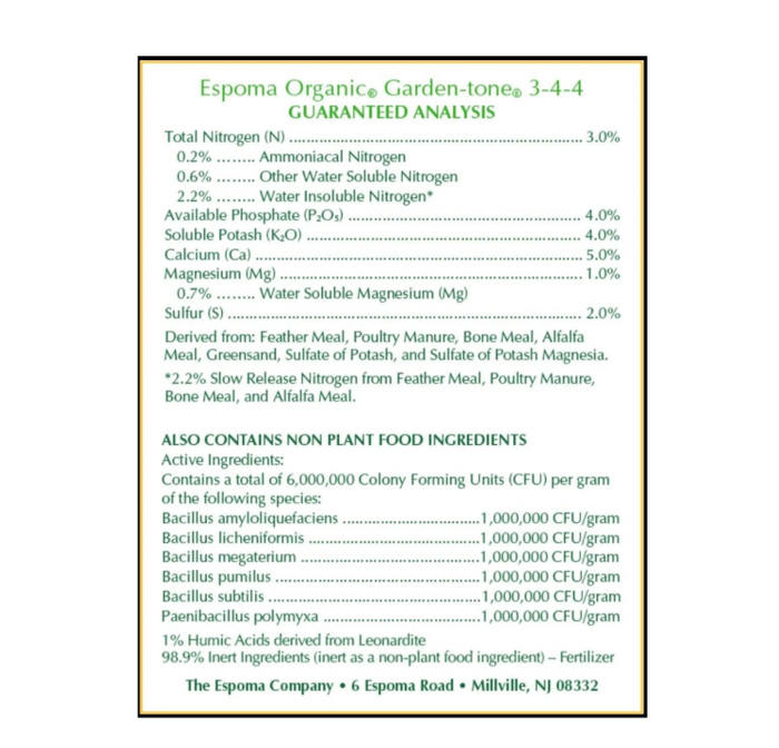 Espoma Organic Garden-tone 3-4-4 fertilizer guaranteed analysis chart on a white background