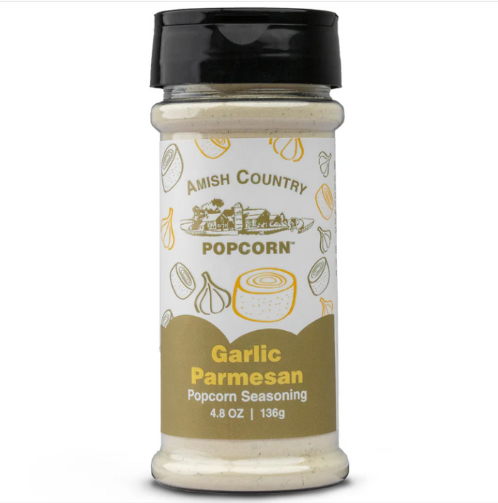 Amish Country Popcorn Garlic Parmesan seasoning shaker on a white background