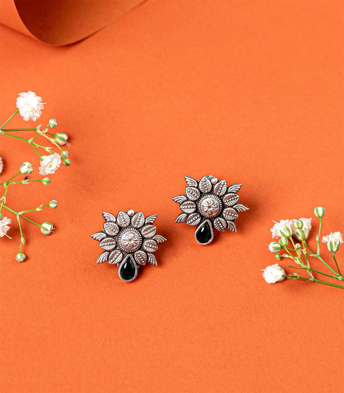 Green Stone Floral Leaves Bliss Oxidized Tops (Silver)
