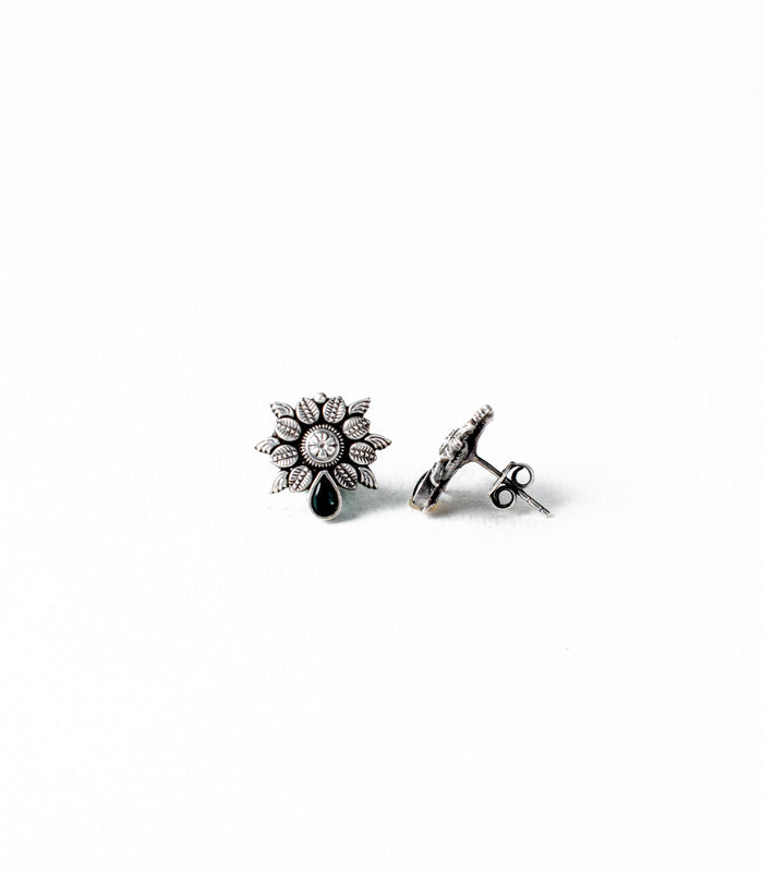 Green Stone Floral Leaves Bliss Oxidized Tops (Silver)
