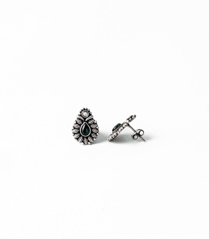 Green Stone Leafy Drop Oxidized Tops (Silver)