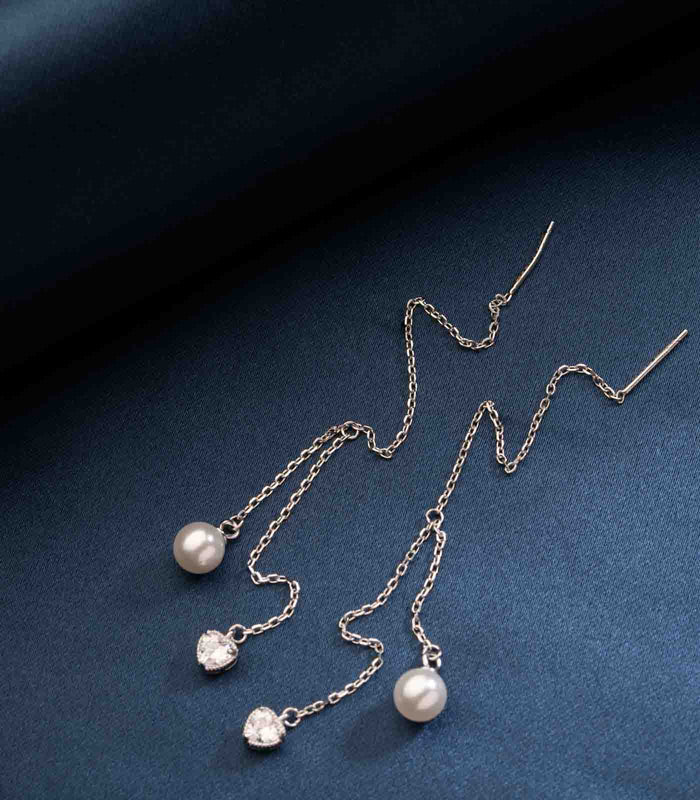 Heart-Pearl Sui Dhaga Earrings (Silver)