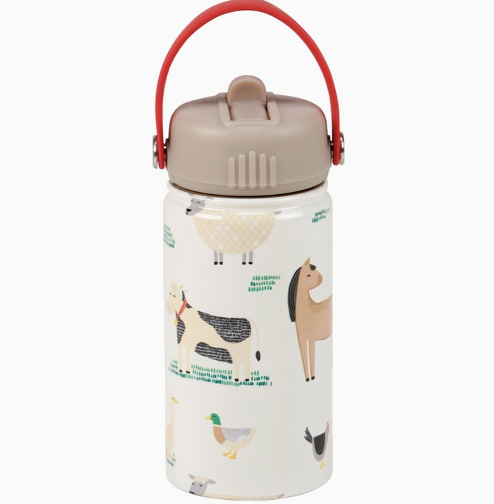 A stainless steel water bottle with a white background decorated with cute farm animal illustrations, featuring a beige lid and a red carrying handle.