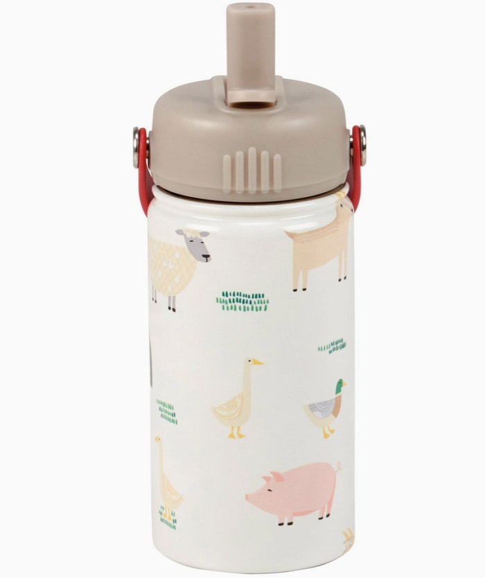 A white insulated water bottle with a beige flip-straw lid and red carrying handles, decorated with a cute pattern of farm animals including sheep, ducks, a goose, and a pig.