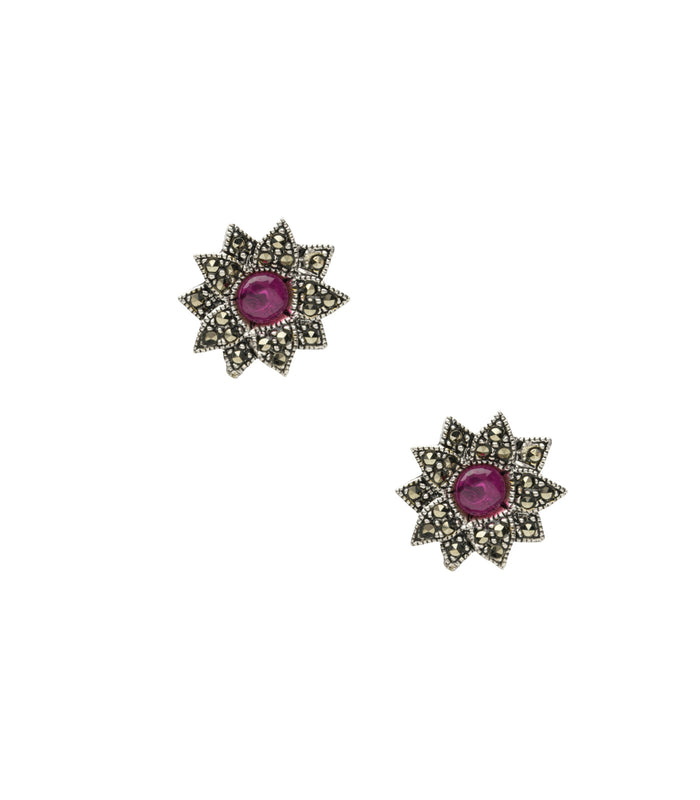 Marcasite With Red Stone Necklace SET (Silver)