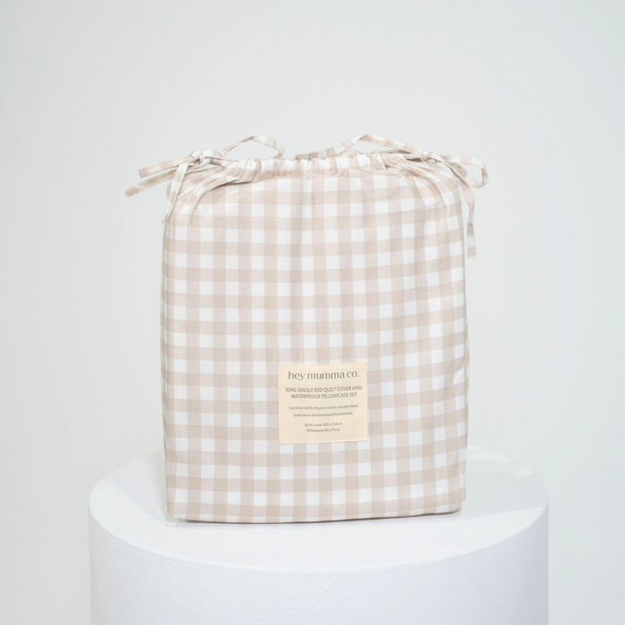 Matching King Single Quilt Cover & Waterproof Pillowcase Set - Beige Gingham