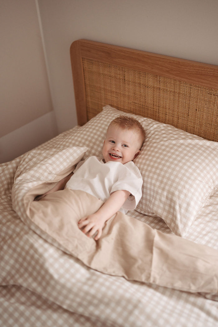 Matching King Single Quilt Cover & Waterproof Pillowcase Set - Beige Gingham