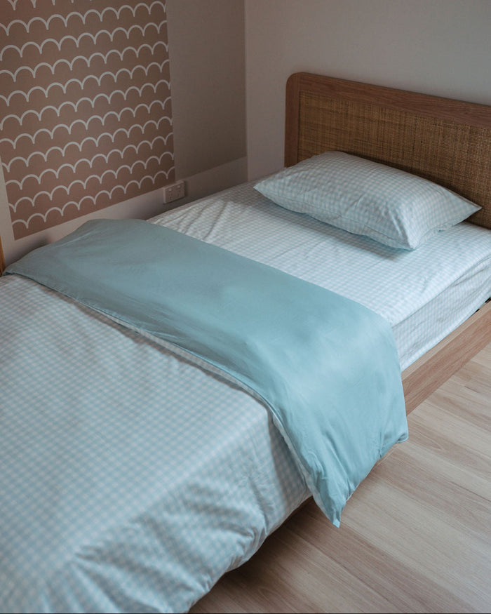 Matching King Single Quilt Cover & Waterproof Pillowcase Set - Blue Gingham
