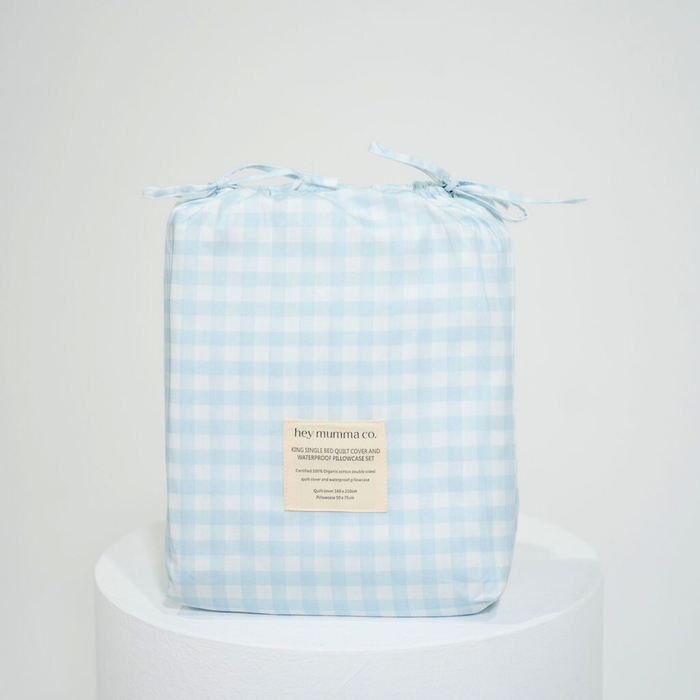 Matching King Single Quilt Cover & Waterproof Pillowcase Set - Blue Gingham