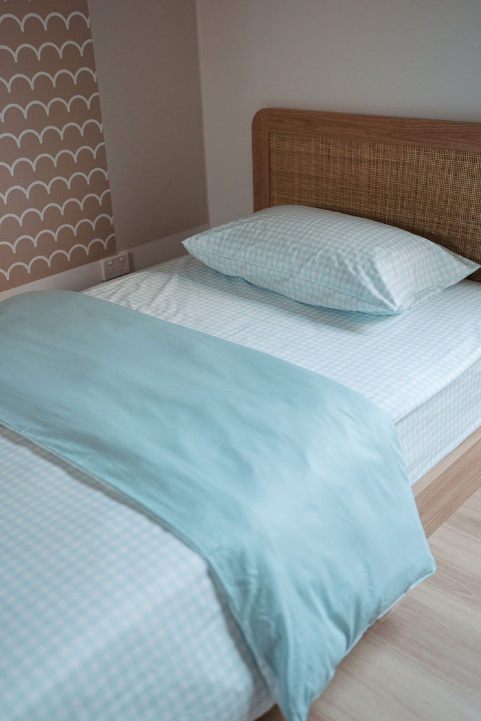 Matching King Single Quilt Cover & Waterproof Pillowcase Set - Blue Gingham