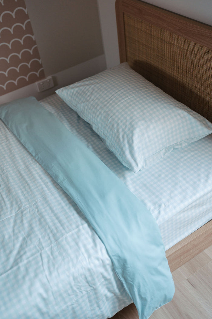 Matching King Single Quilt Cover & Waterproof Pillowcase Set - Blue Gingham
