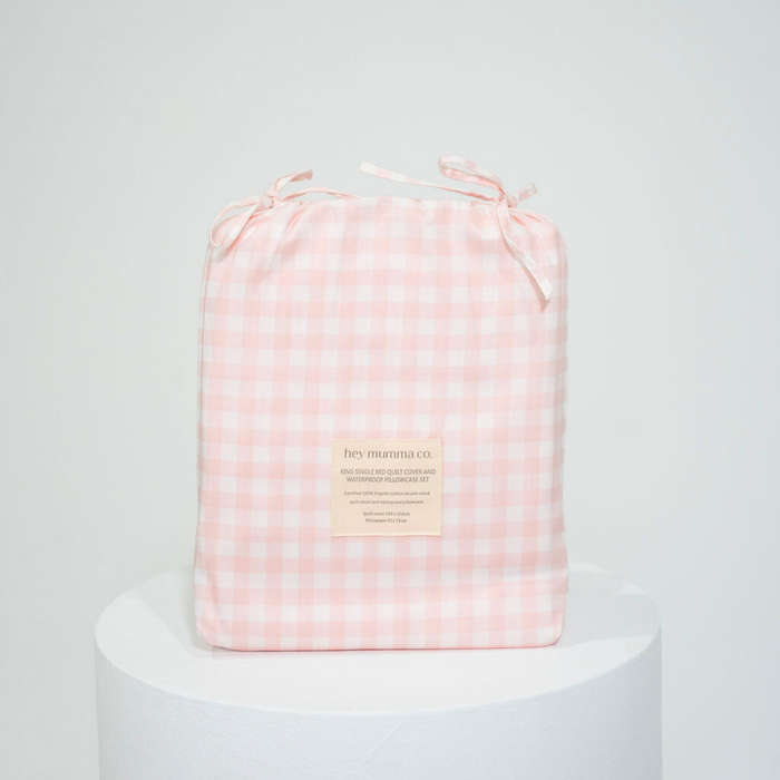 Matching King Single Quilt Cover & Waterproof Pillowcase Set - Pink Gingham