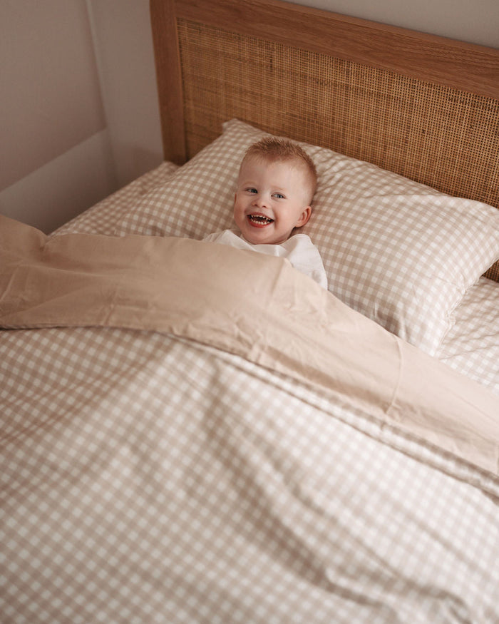 Matching Single Quilt Cover & Waterproof Pillowcase Set - Beige Gingham
