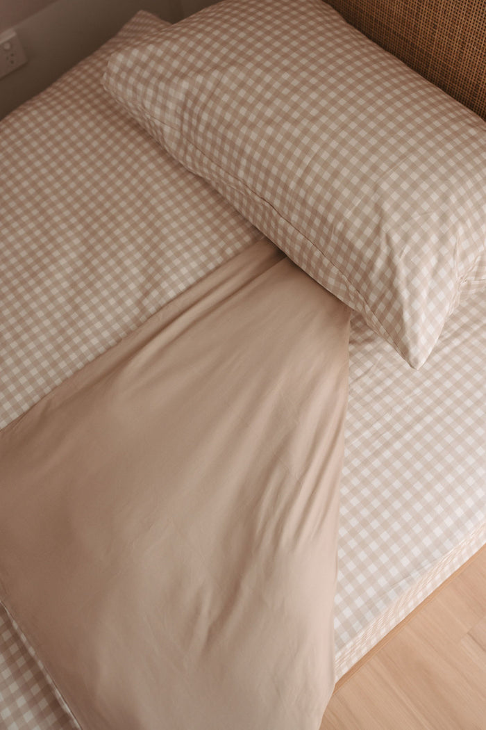 Matching Single Quilt Cover & Waterproof Pillowcase Set - Beige Gingham