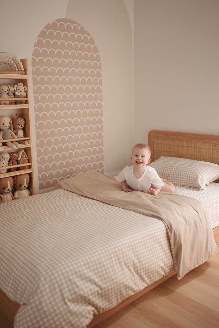 Matching Single Quilt Cover & Waterproof Pillowcase Set - Beige Gingham