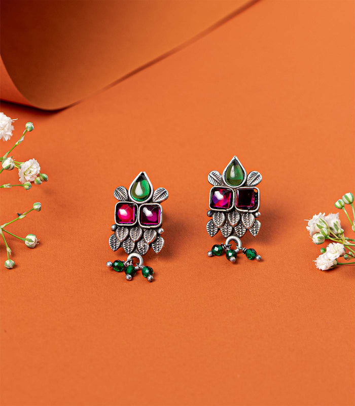 Multistone Conical Leaf Oxidized Tops (Silver)