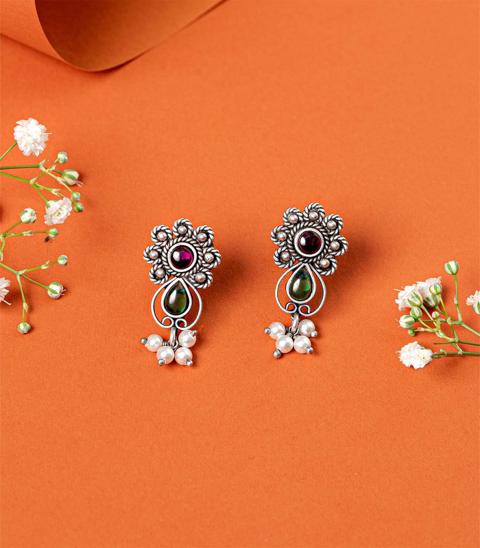 Multistone Dangling Pearl Oxidized Tops (Silver)