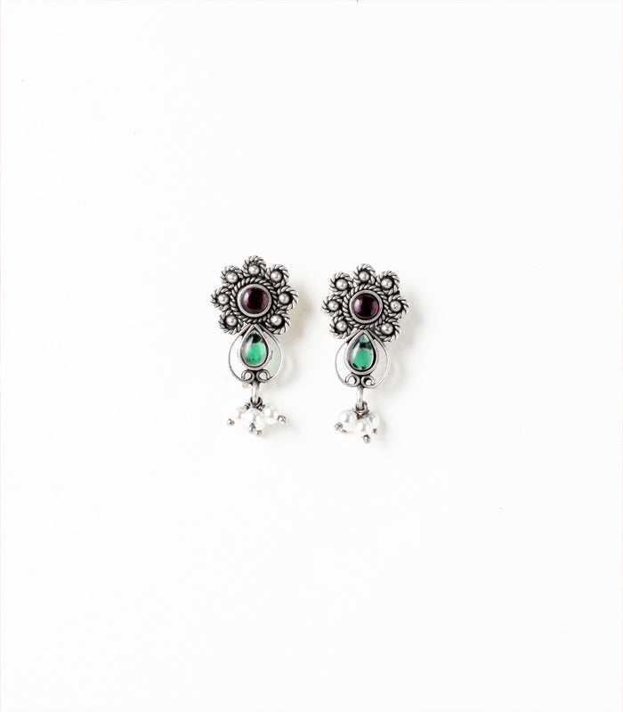 Multistone Dangling Pearl Oxidized Tops (Silver)