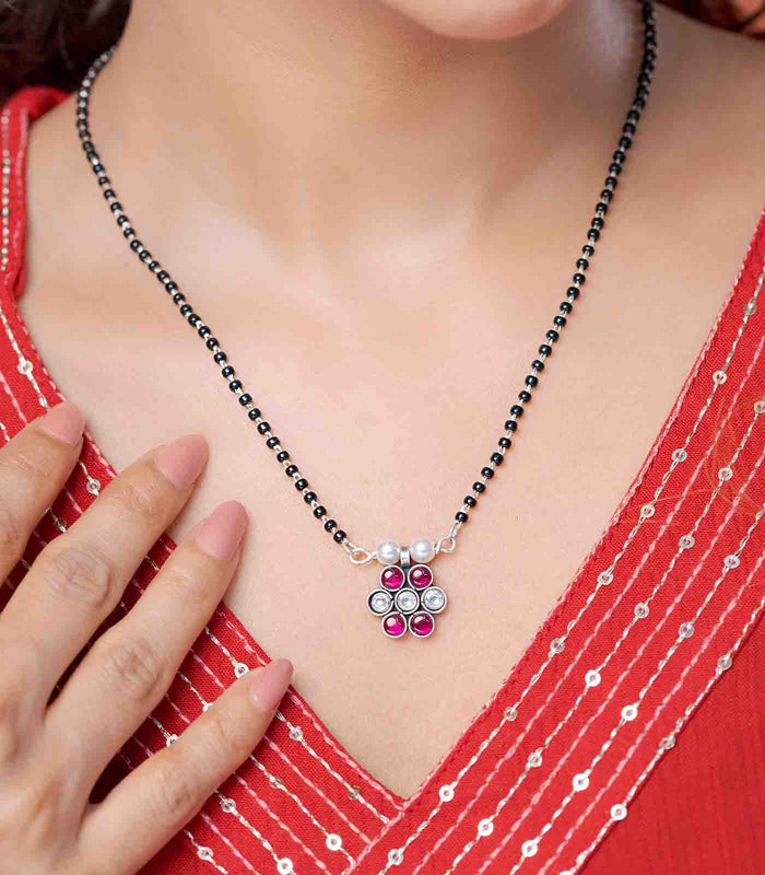 Multistone Floral Motif Antique Mangalsutra (Silver)