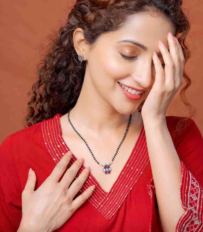Multistone Floral Motif Antique Mangalsutra (Silver)