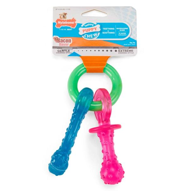 Colorful dog chew toy with packaging on a white background