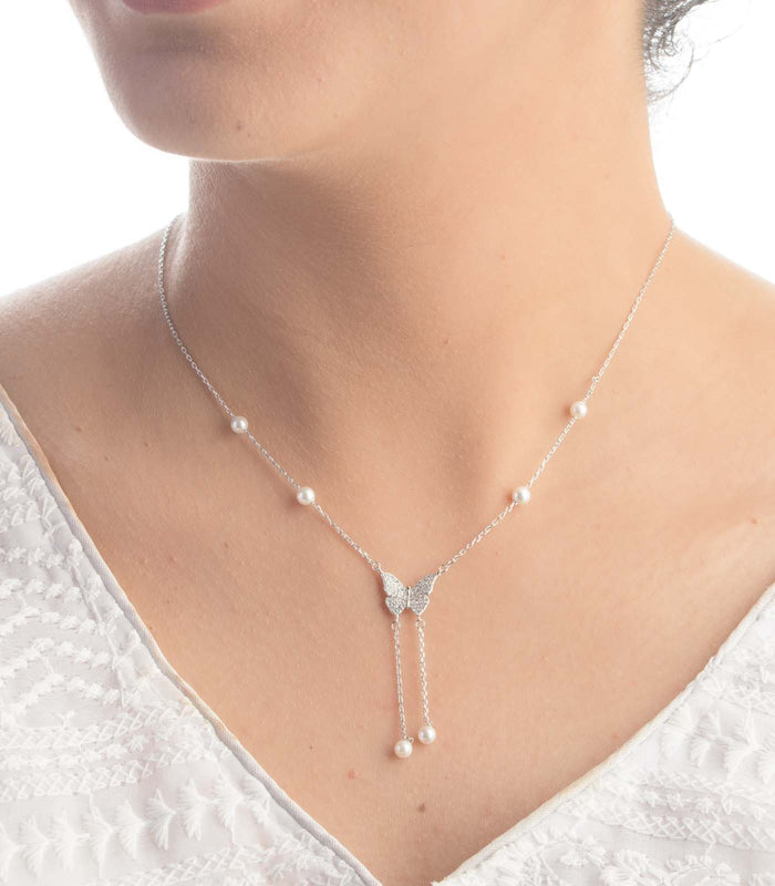 Pearly Butterfly Necklace (Silver)