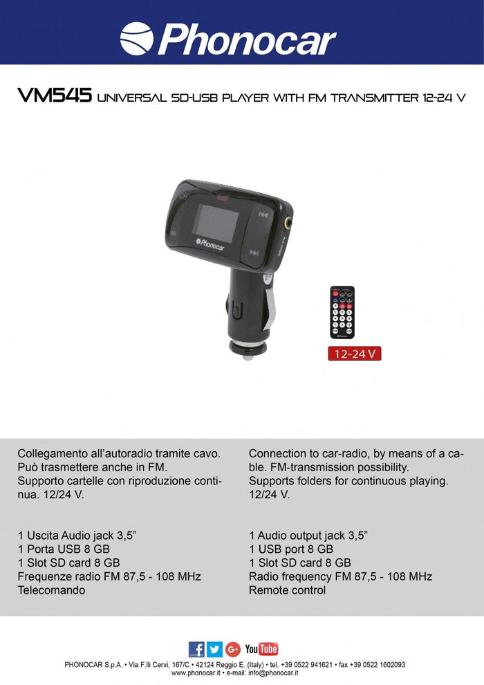 Phonocar VM545 Trasmettitore FM 12-24 V USB - SD CARD - TechSoundSystem.com