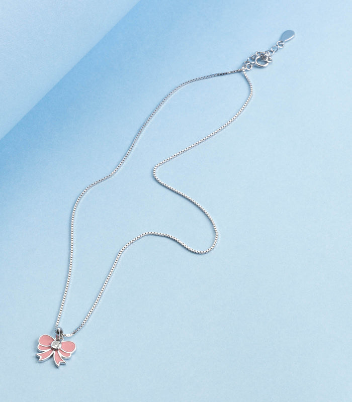 Pink Bow Necklace (Silver)
