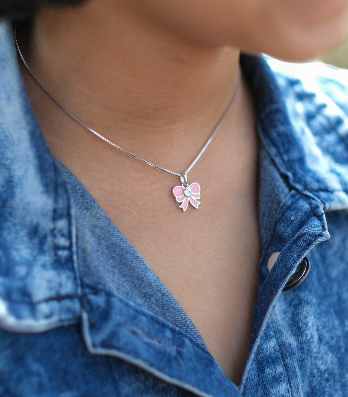 Pink Bow Necklace (Silver)
