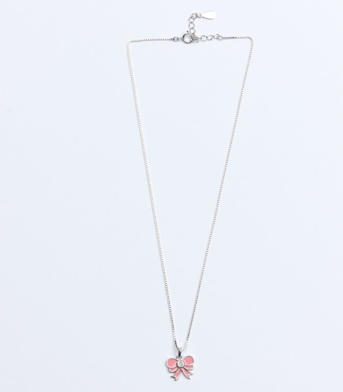 Pink Bow Necklace (Silver)