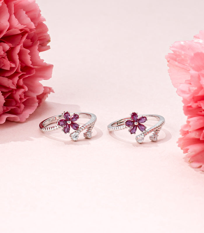 Pink Crystal Toe Rings (Silver)
