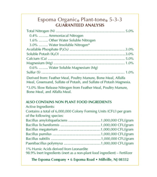 Espoma Organic Plant-tone 5-3-3 fertilizer label with guaranteed analysis details.