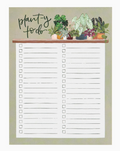 A plant-themed to-do list notepad featuring the handwritten-style text 'plant-y to do' above a shelf illustration with potted plants, above a large checklist with checkboxes on a light gray background.