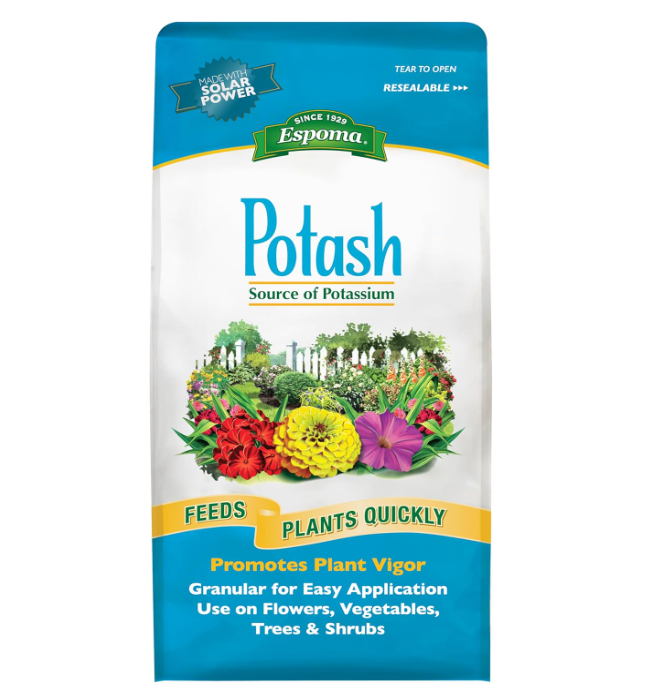 Espoma Potash packaging with gardening graphics on a white background