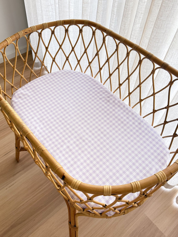 Pre Order Waterproof Bassinet Fitted Sheet - Lilac Gingham