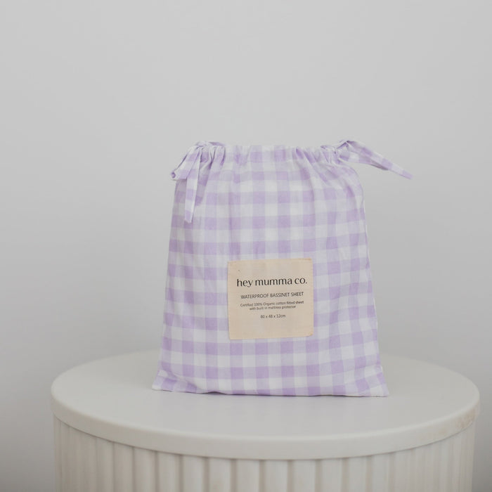 Pre Order Waterproof Bassinet Fitted Sheet - Lilac Gingham