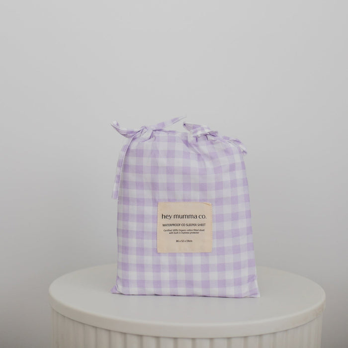 Pre Order Waterproof Co Sleeper Fitted Sheet - Lilac Gingham