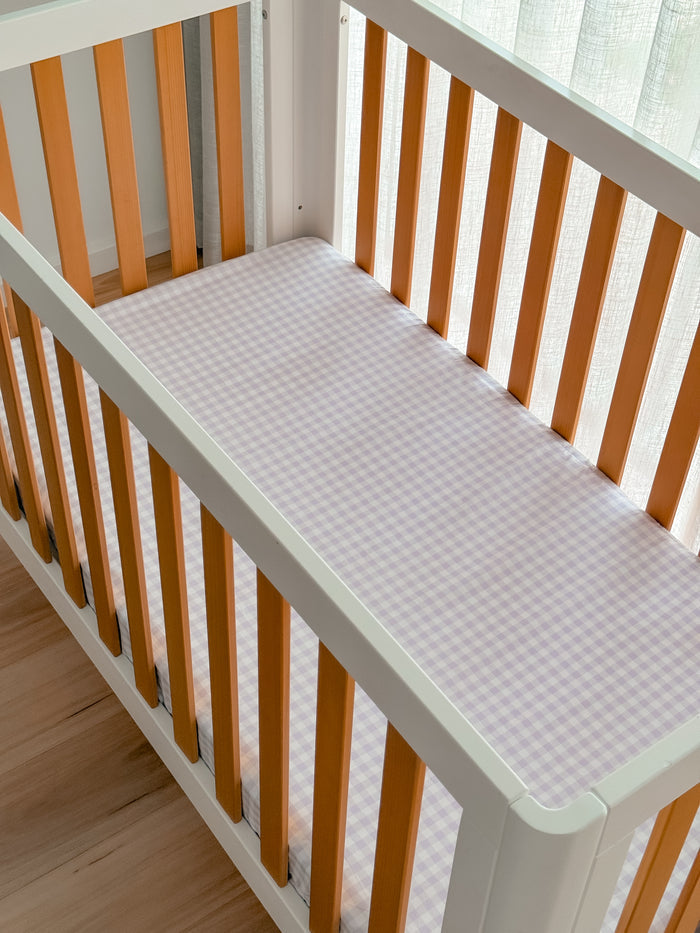 Pre Order Waterproof Fitted Cot Sheet - Lilac Gingham