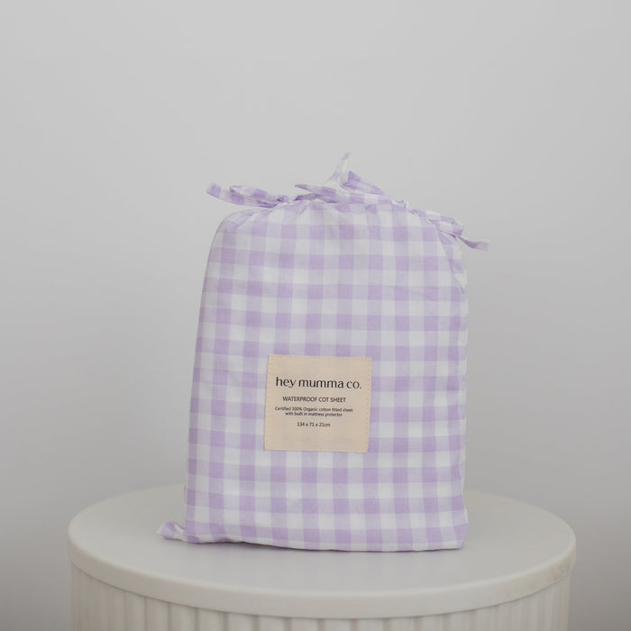 Pre Order Waterproof Fitted Cot Sheet - Lilac Gingham