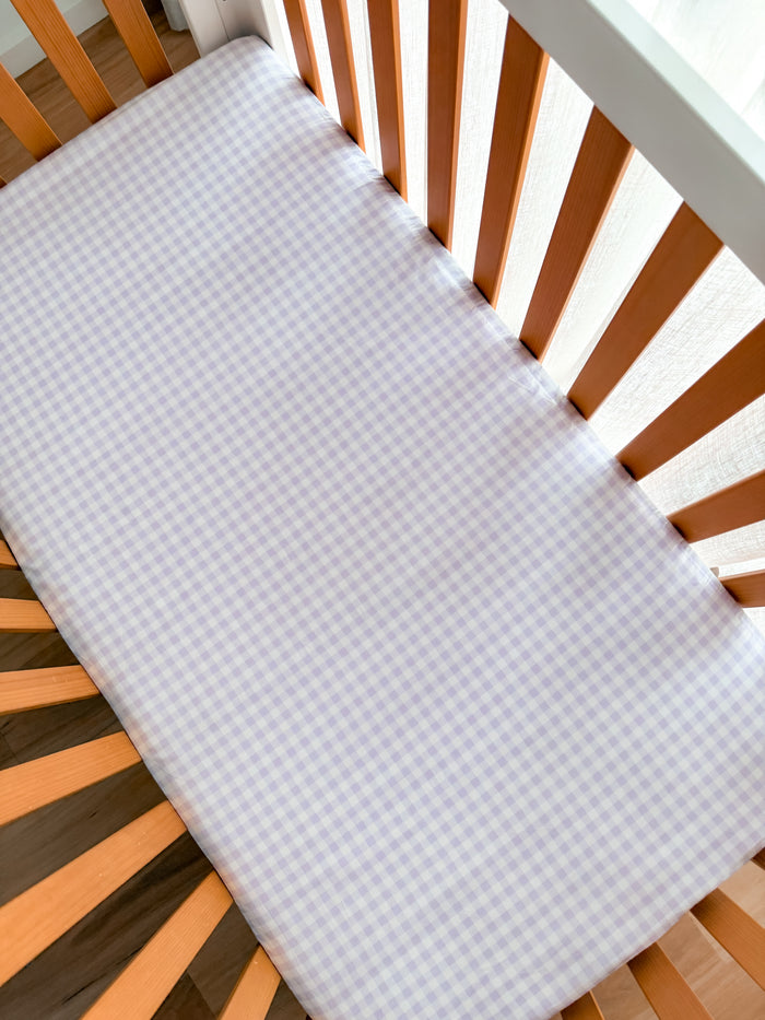 Pre Order Waterproof Fitted Cot Sheet - Lilac Gingham