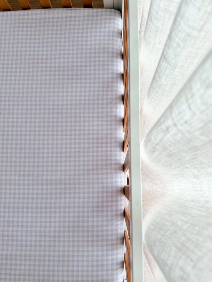 Pre Order Waterproof Fitted Cot Sheet - Lilac Gingham