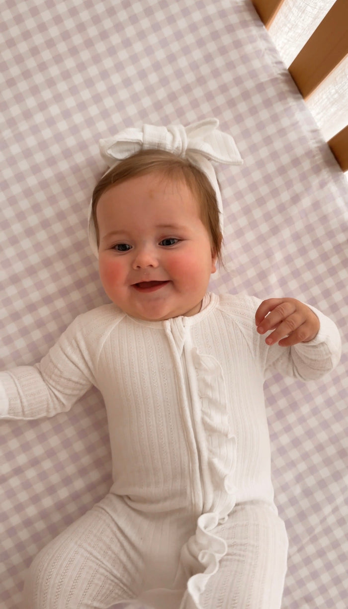 Pre Order Waterproof Fitted Cot Sheet - Lilac Gingham