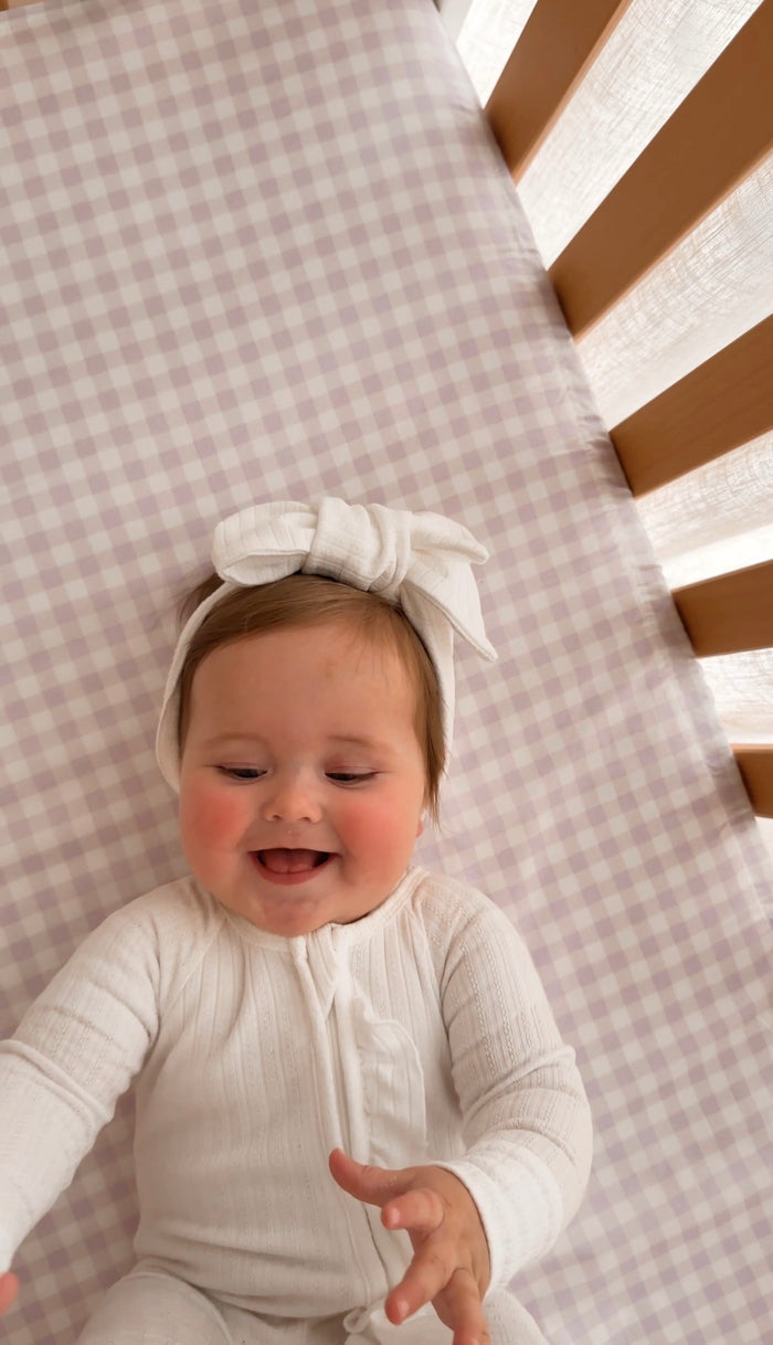 Pre Order Waterproof Fitted Cot Sheet - Lilac Gingham