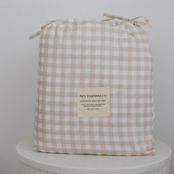 Pre Order Waterproof Queen Fitted Sheet - Beige Gingham