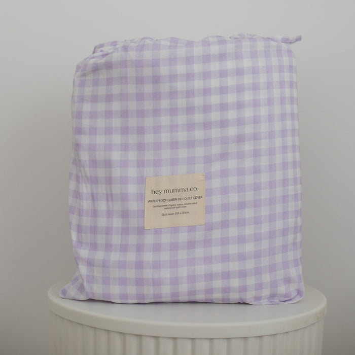 Pre Order Waterproof Queen Quilt Cover - Lilac Gingham