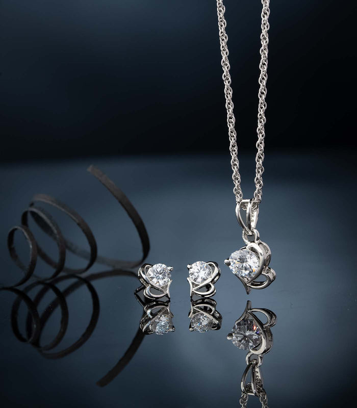 Premium Zircon Curved Necklace Set (Silver)