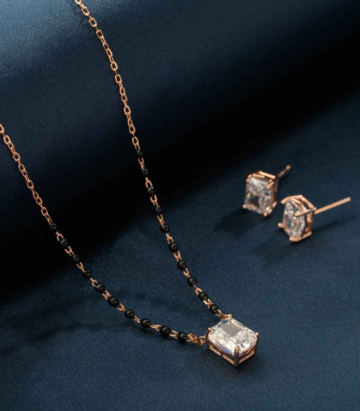 Rectangle Stone Rose Gold Polish Mangalsutra Pendant Set (Silver)