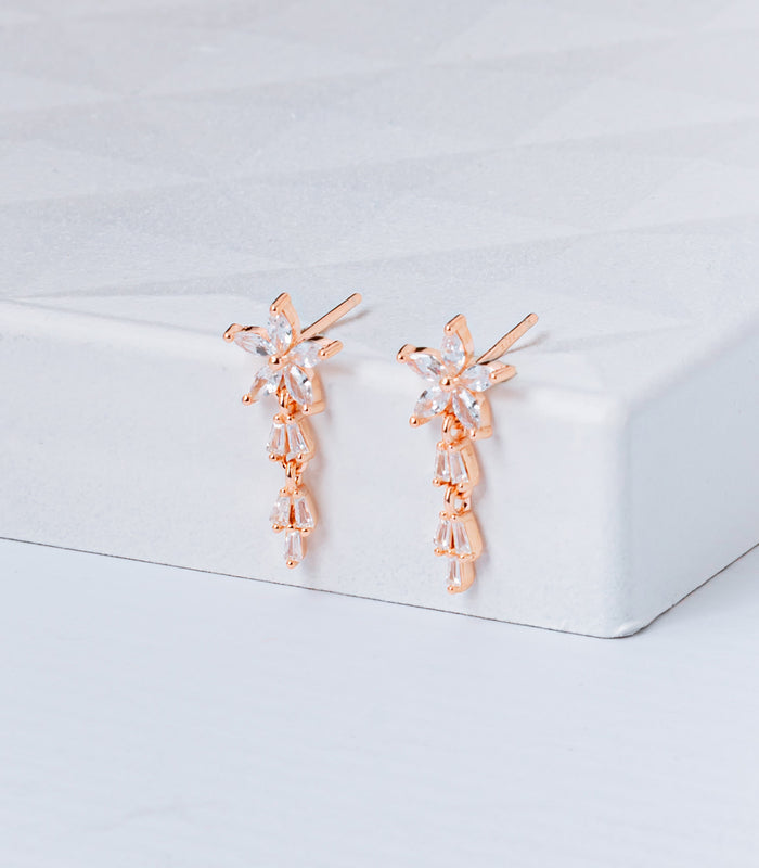 Rose Gold Dangling Crystal Flower Tops (Silver)
